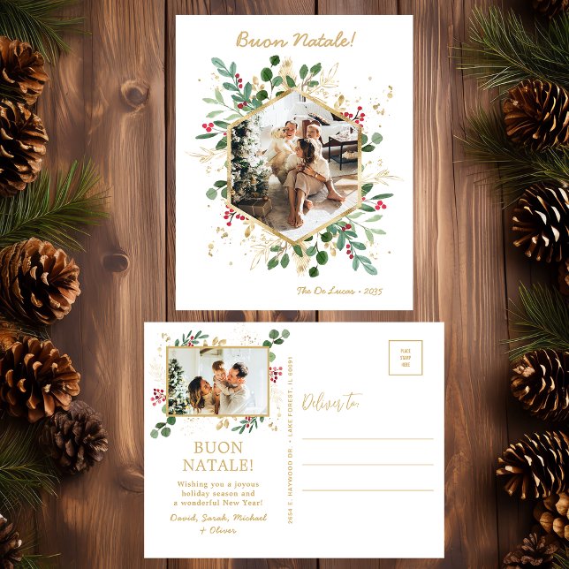 Modern Botanical Greenery Photo Buon Natale Holiday Postcard (Creator Uploaded)