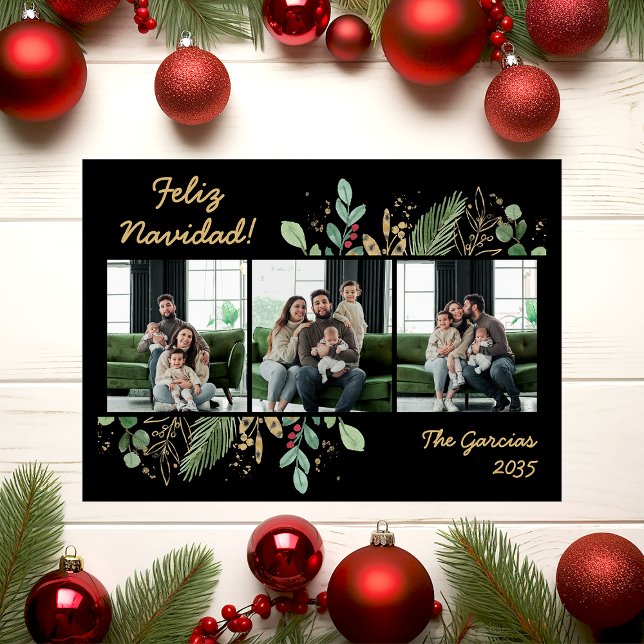 Modern Botanical Greenery Photo Feliz Navidad Holiday Card (Creator Uploaded)