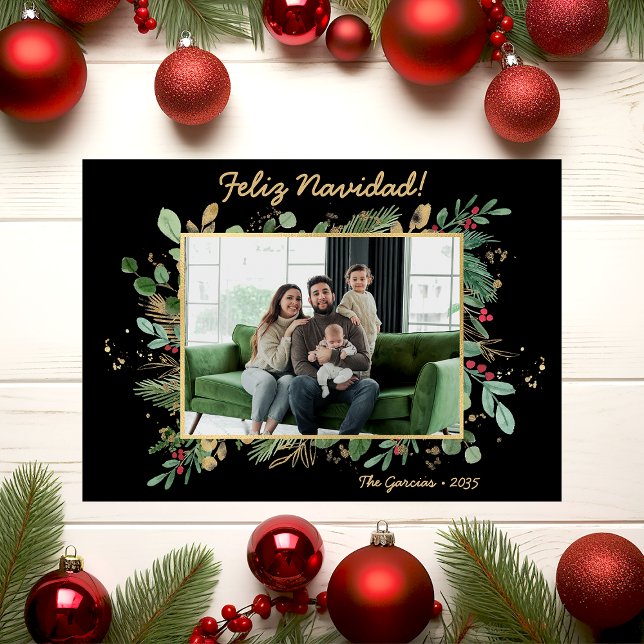 Modern Botanical Greenery Photo Feliz Navidad Holiday Card (Creator Uploaded)