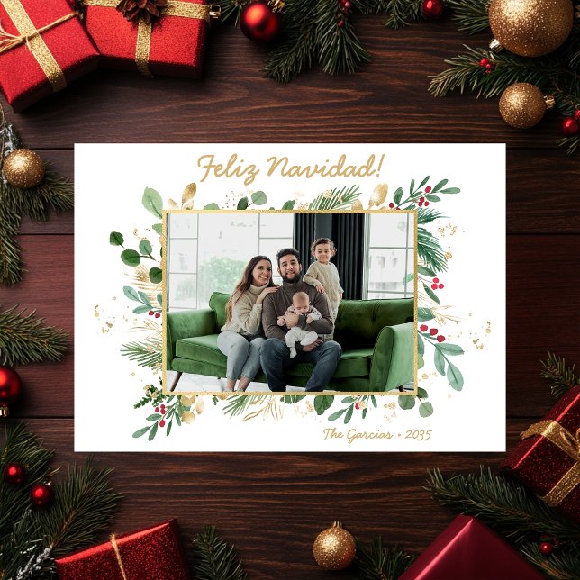 Modern Botanical Greenery Photo Feliz Navidad Holiday Card (Creator Uploaded)