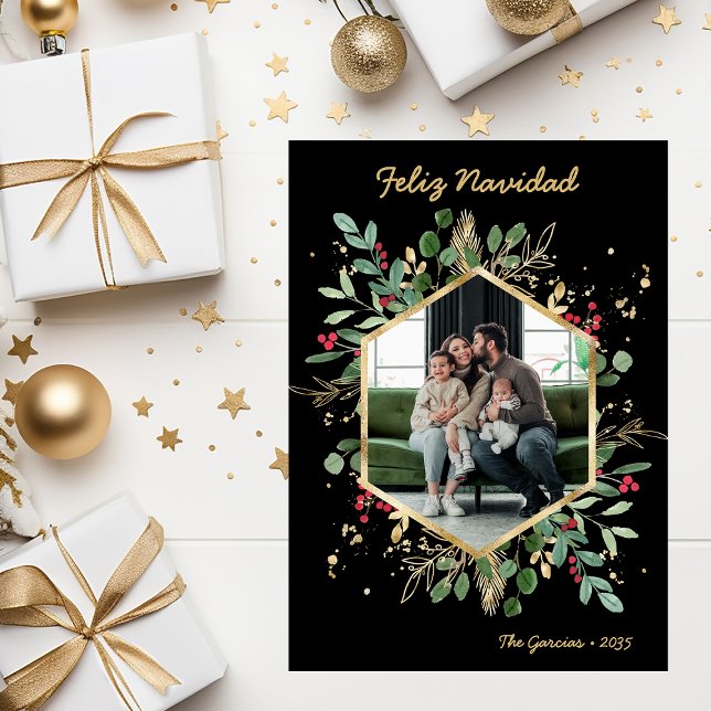 Modern Botanical Greenery Photo Feliz Navidad Holiday Card (Creator Uploaded)