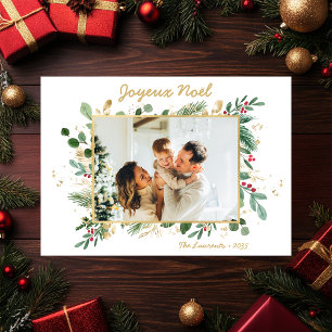 Modern Botanical Greenery Photo Joyeux Noel Holiday Card