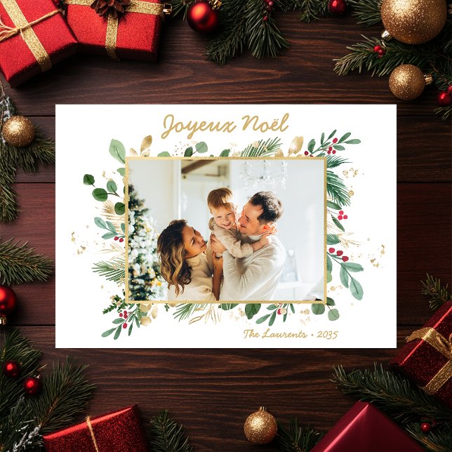 Modern Botanical Greenery Photo Joyeux Noel Holiday Card (Creator Uploaded)