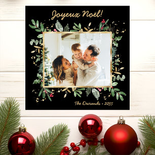 Modern Botanical Greenery Photo Joyeux Noel Holiday Card