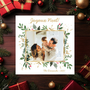 Modern Botanical Greenery Photo Joyeux Noel Holiday Card