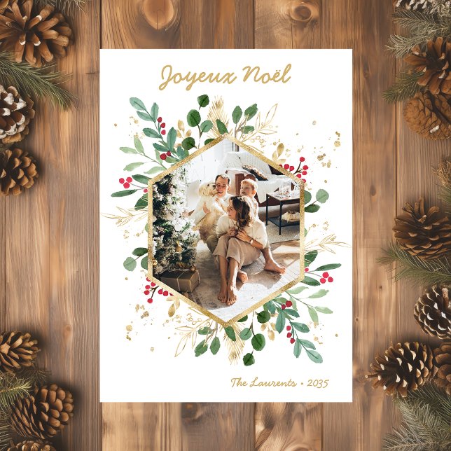 Modern Botanical Greenery Photo Joyeux Noel  Holiday Card (Creator Uploaded)