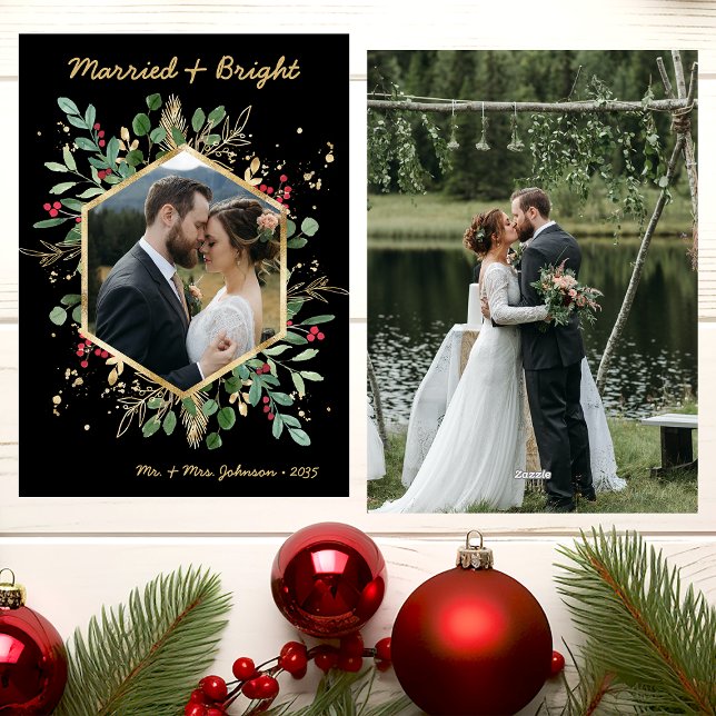 Modern Botanical Greenery Photo Married and Bright Holiday Card (Creator Uploaded)