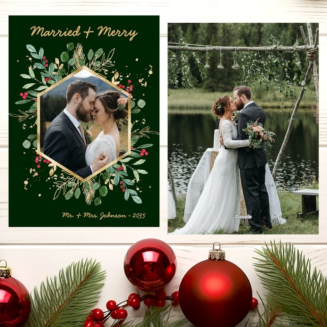 Modern Botanical Greenery Photo Married and Merry Holiday Card (Creator Uploaded)