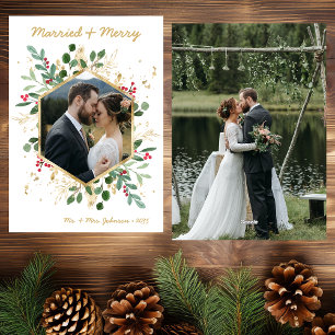 Modern Botanical Greenery Photo Married and Merry Holiday Card