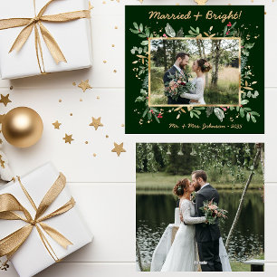 Modern Botanical Greenery Photo Married & Bright Holiday Card
