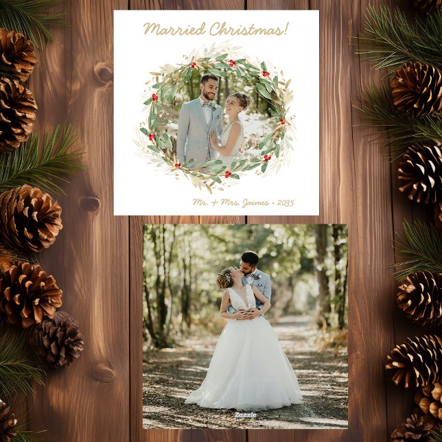 Modern Botanical Greenery Photo Married Christmas Holiday Card (Creator Uploaded)