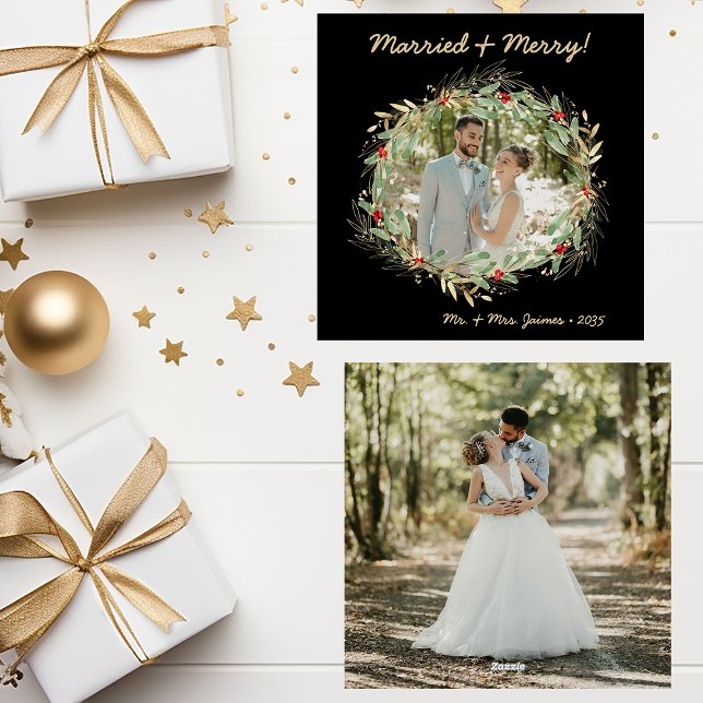 Modern Botanical Greenery Photo Married & Merry Holiday Card (Creator Uploaded)