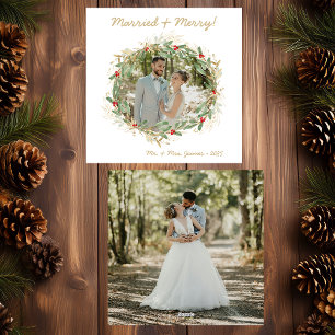 Modern Botanical Greenery Photo Married & Merry Holiday Card