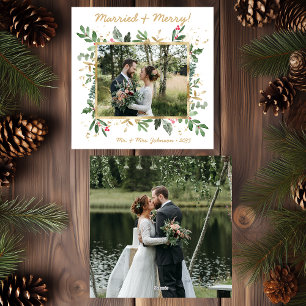Modern Botanical Greenery Photo Married & Merry Holiday Card