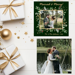 Modern Botanical Greenery Photo Married & Merry Holiday Card