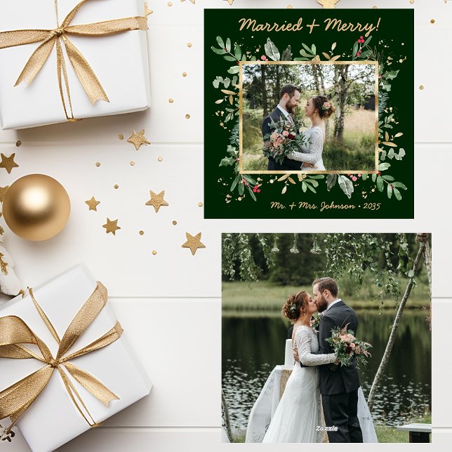 Modern Botanical Greenery Photo Married & Merry Holiday Card (Creator Uploaded)