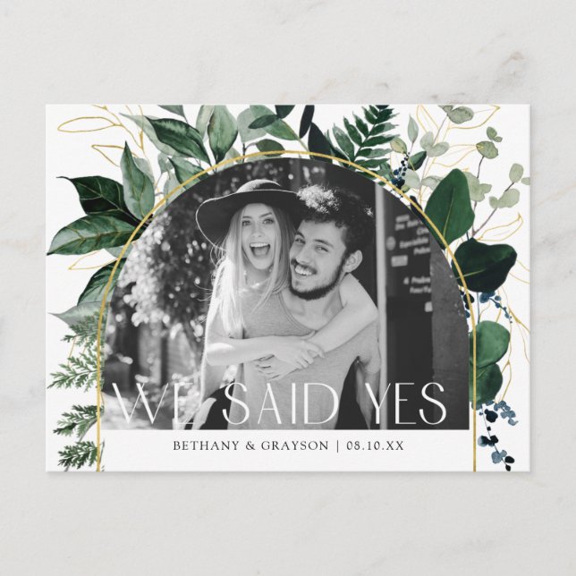 Modern Botanical Greenery QR code photo wedding  Announcement Postcard (Front)