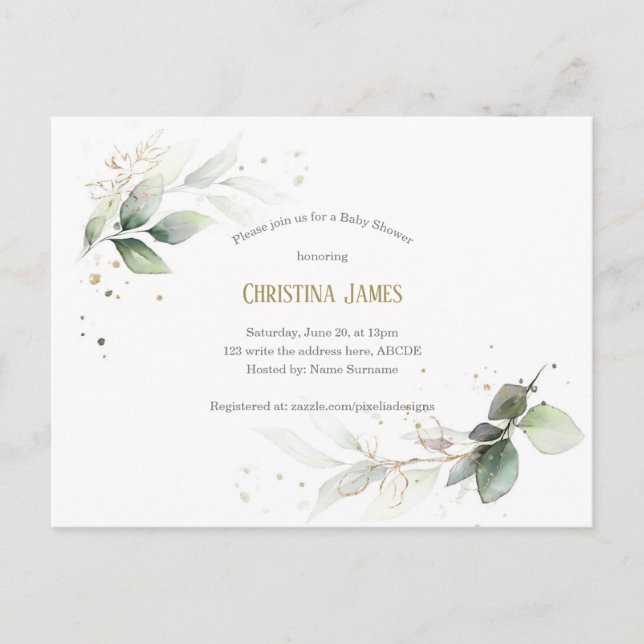 Modern, Botanical, Greenery, watercolor, Baby Girl Invitation Postcard (Front)