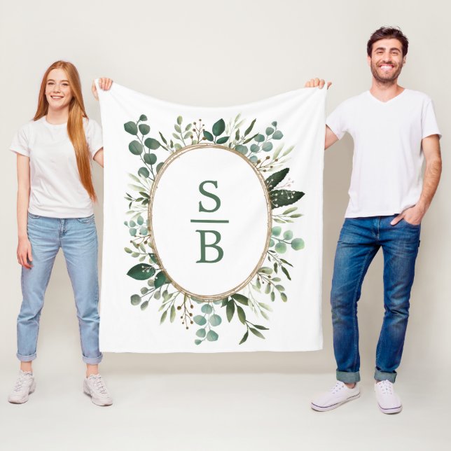 Modern Botanical Greenery Wedding Initial Monogram Fleece Blanket (In Situ)