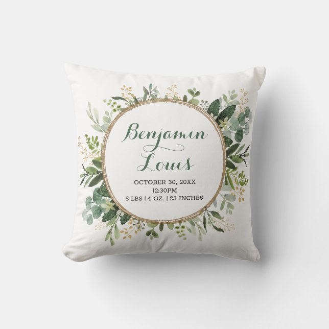 Modern Botanical Greenery Wreath Baby Birth Stats Cushion (Front)