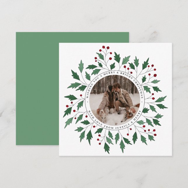 Modern Botanical Greenery Wreath Christmas Photo Holiday Card (Front/Back)