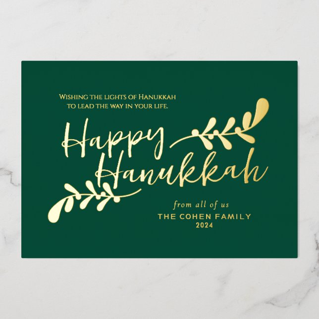 Modern Botanical Hand Lettered Happy Hanukkah Foil Holiday Card (Front)