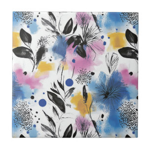 Modern Botanical in Magenta Blue & Mustard Ceramic Tile