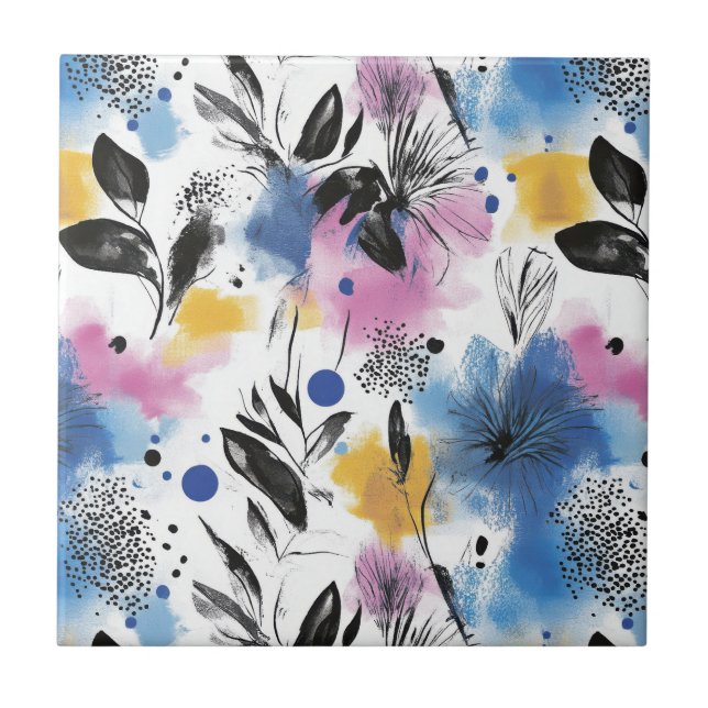 Modern Botanical in Magenta Blue & Mustard Ceramic Tile (Front)