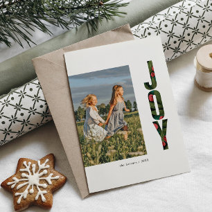 Modern Botanical Joy Red Green Holiday Photo Card