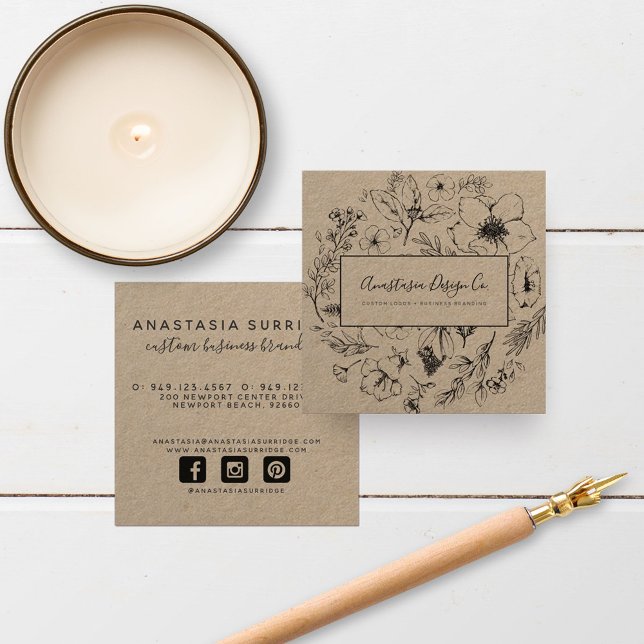 Modern Botanical Kraft and Black Script Square Business Card (Creator Uploaded)