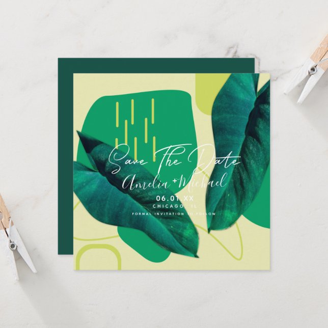 Modern Botanical Leaf Collage Save the Date Card (Front/Back In Situ)
