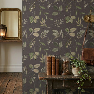 Modern Botanical Leaf Pattern Dark Mauve Wallpaper