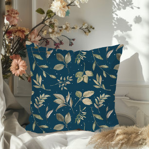 Modern Botanical Leaf Pattern Dark Ocean Blue Cushion