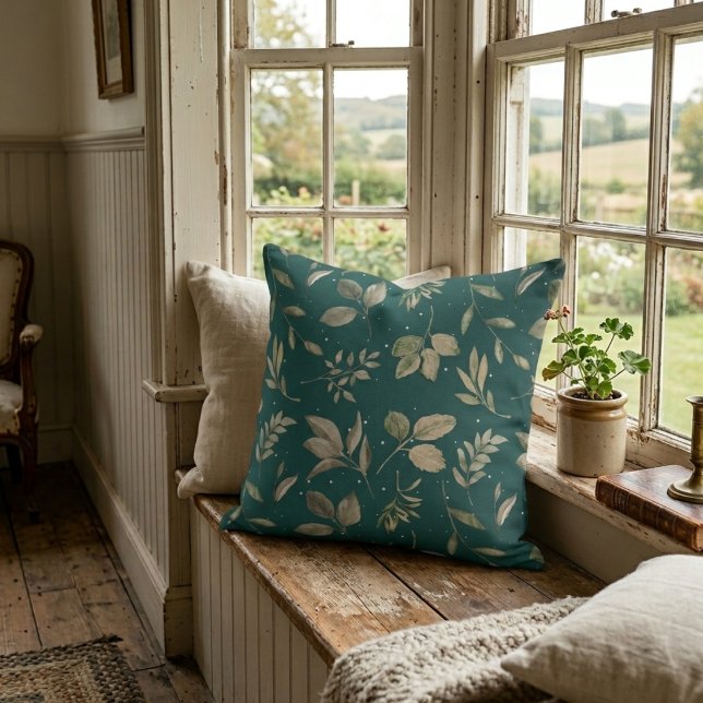 Modern Botanical Leaf Pattern Dark Teal Cushion (Creator Uploaded)