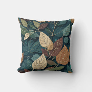 Modern Botanical Leaf Pattern in Earthy Teal  Cushion