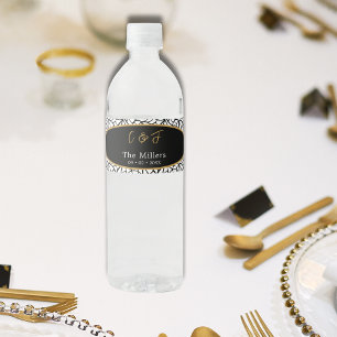 Modern Botanical Leaf Pattern Monogram Date Water Bottle Label