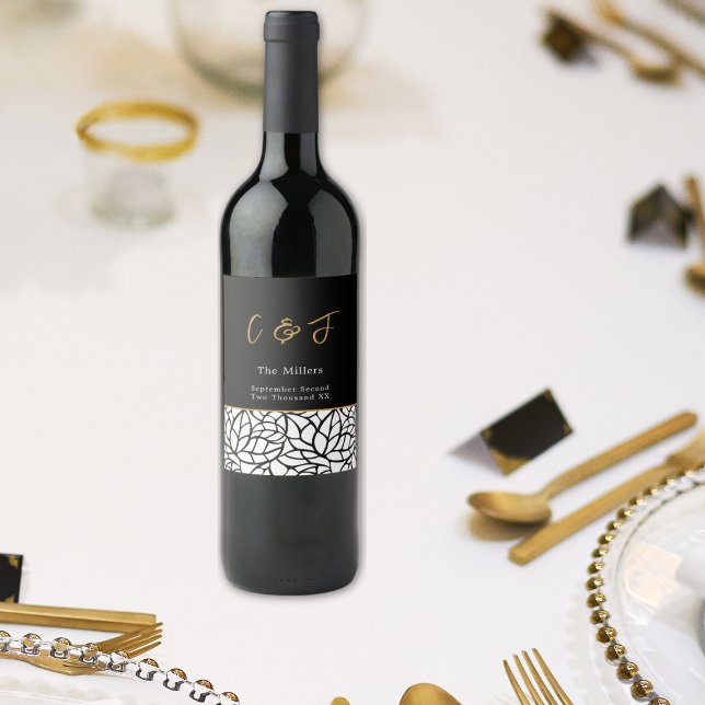 Modern Botanical Leaf Pattern Monogram Date  Wine Label (Modern Botanical Leaf Pattern Monogram Date Wine Label)