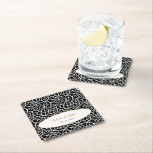 Modern Botanical Leaf Pattern Names Date Square Paper Coaster