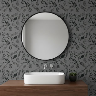 Modern Botanical Leaves Pattern Dark Grey Wallpaper