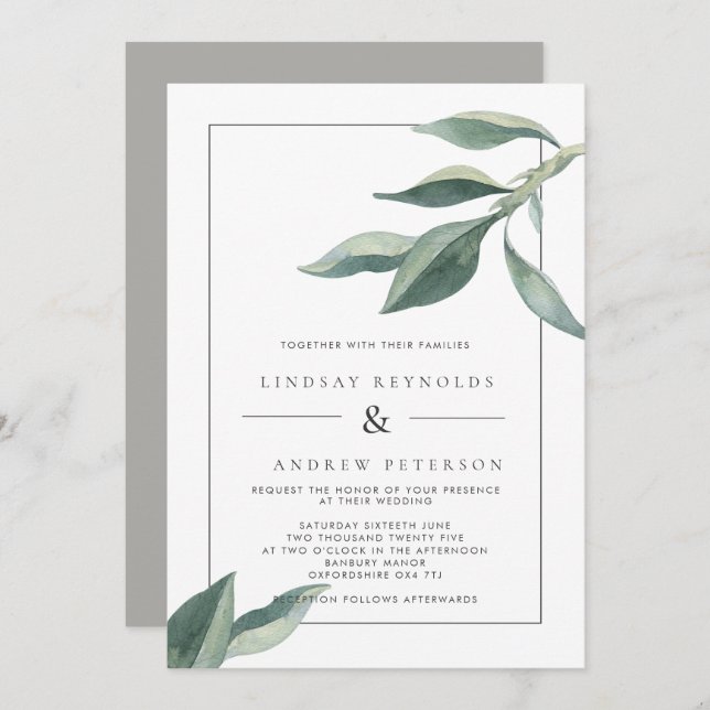 Modern Botanical Leaves Wedding Invitation (Front/Back)