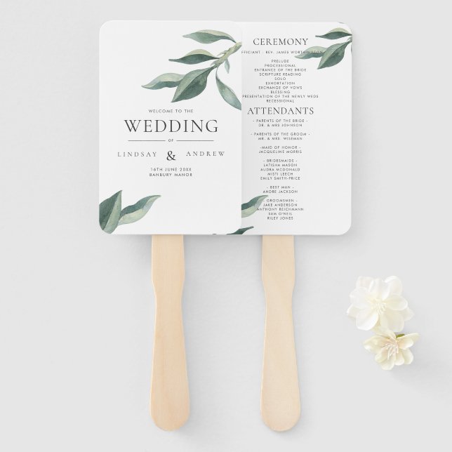 Modern Botanical Leaves Wedding Program Hand Fan (Front and Back)