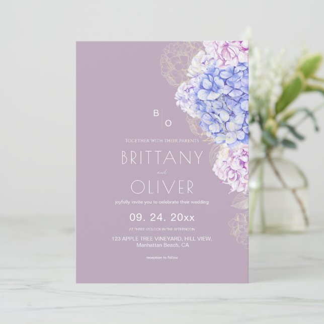 Modern Botanical Lilac & White Floral Wedding Invitation (Standing Front)