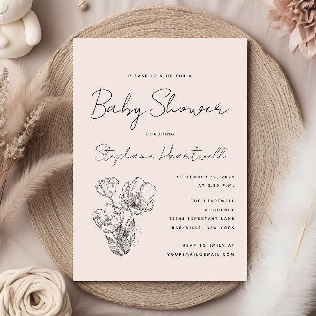 Modern Botanical Line Art Blush Baby Shower Invitation (Creator Uploaded)