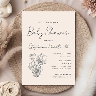 Modern Botanical Line Art Cream Baby Shower Invitation