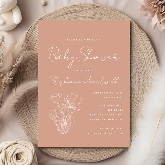 Modern Botanical Line Art Terracotta Baby Shower Invitation (Creator Uploaded)