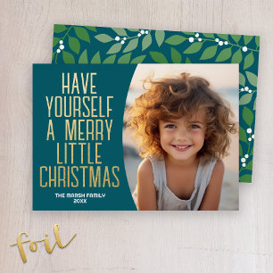 Modern Botanical Merry Christmas Photo - Teal Foil Holiday Card