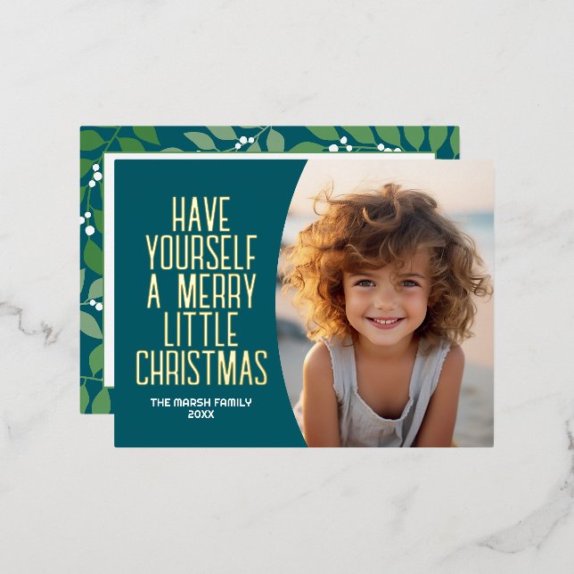 Modern Botanical Merry Christmas Photo - Teal Foil Holiday Postcard (Front/Back)