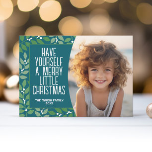 Modern Botanical Merry Christmas Photo - Teal Holiday Card
