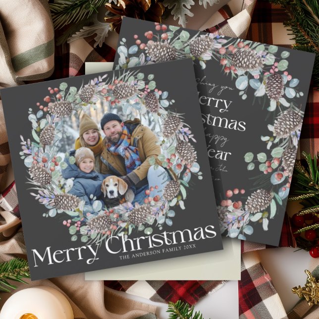Modern Botanical Merry Christmas Wreath & Photo Holiday Card (Creator Uploaded)