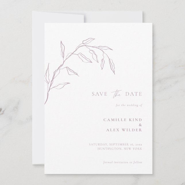 Modern Botanical Minimal Leaf Wedding Blush Pink Save The Date (Front)